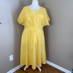 Ashley Stewart Yellow Cotton Blend Belted Midi Short Sleeve Pockets Dress 18/20